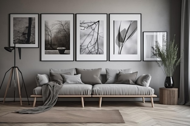 A living room with a couch and pictures on the wall.