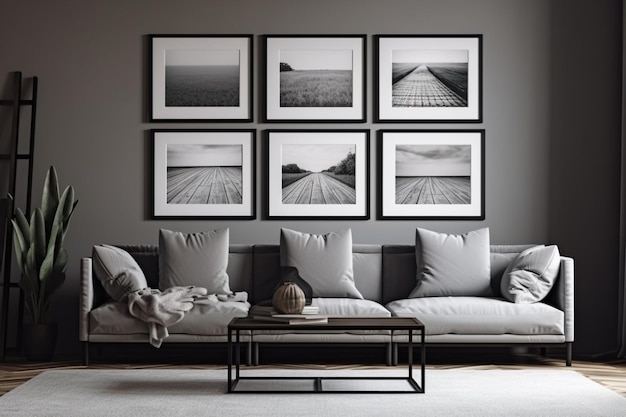 A living room with a couch and pillows with a coffee table and a coffee table.