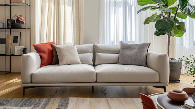 Photo a living room with a couch and a plant in the corner