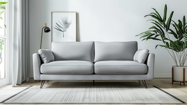 Photo a living room with a couch and a plant in the corner