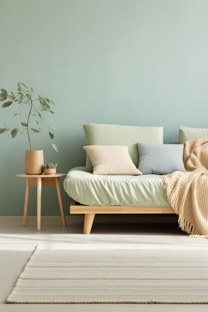 a living room with a couch and a plant in the corner