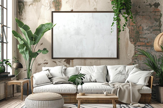 a living room with a couch and a plant in the corner