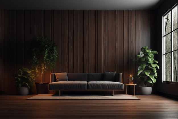 A living room with a couch and a plant in the corner.