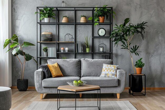 a living room with a couch and a plant on the shelf