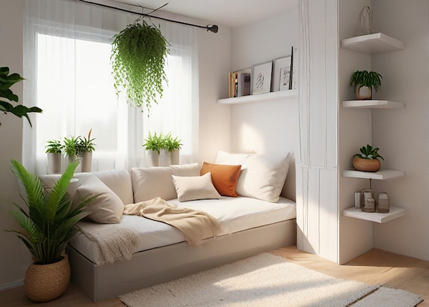 a living room with a couch and a plant on the shelf