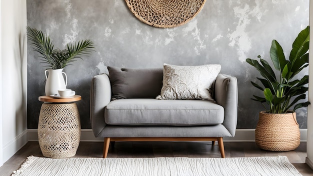 a living room with a couch and a plant on the table