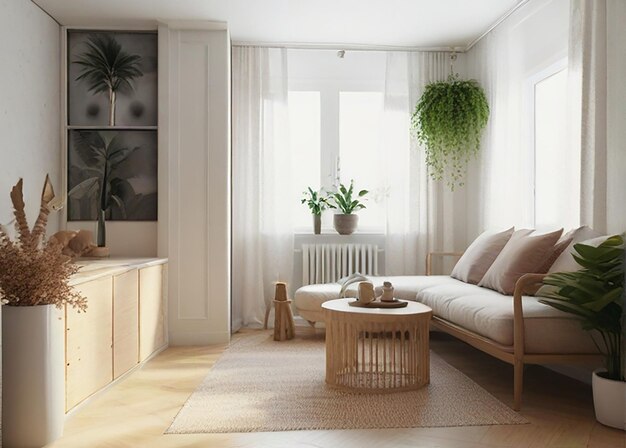 a living room with a couch and a plant on the table