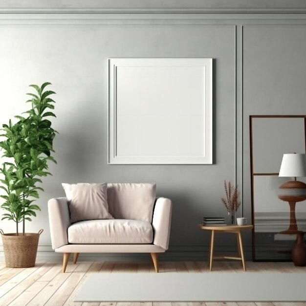 A living room with a couch and a plant on the wall