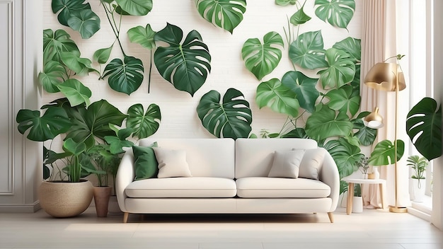 a living room with a couch and a plant on the wall