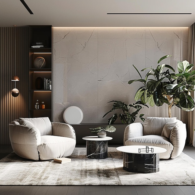 a living room with a couch and a plant on the wall