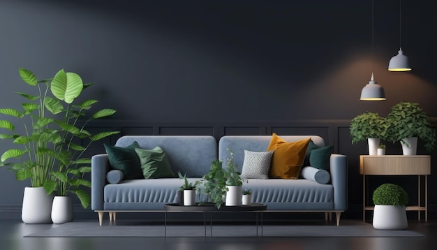 A living room with a couch and a plant on the wall.