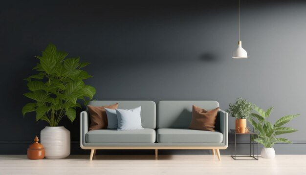 A living room with a couch and a plant on the wall