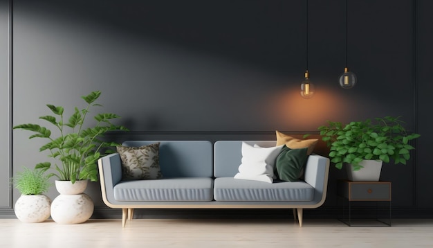 A living room with a couch and a plant on the wall.