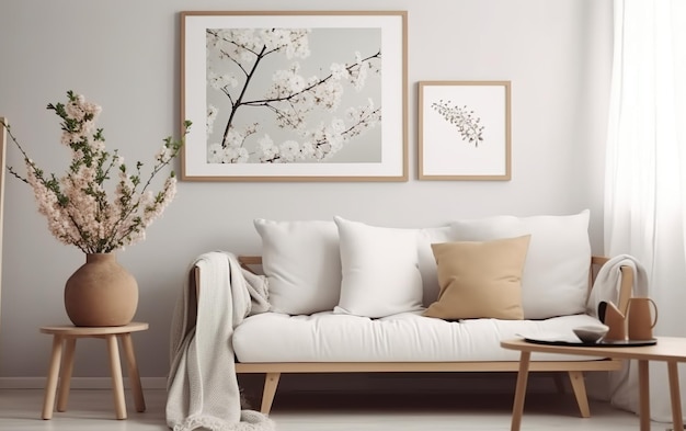 A living room with a couch and a plant on the wall