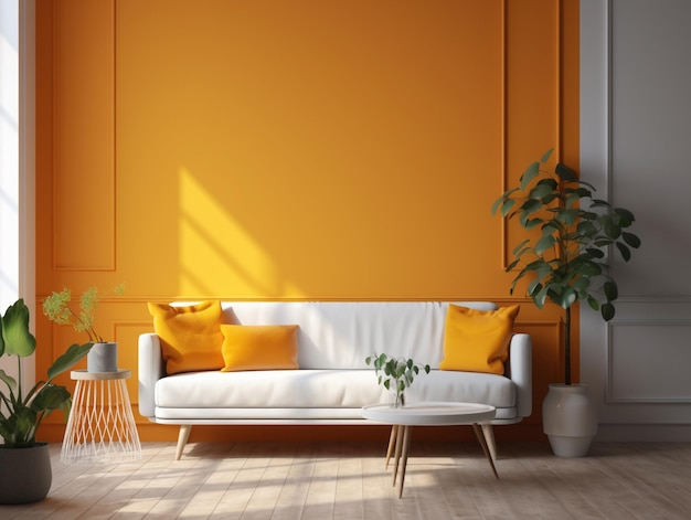 A living room with a couch and a plant on the wall