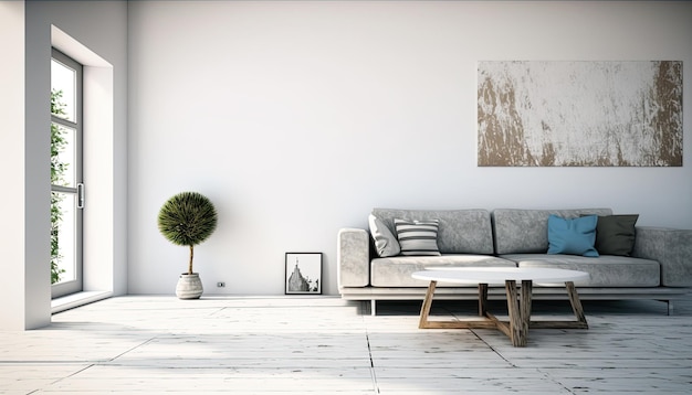 A living room with a couch and a plant on the wall