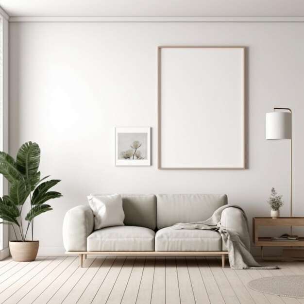 A living room with a couch and a plant on the wall