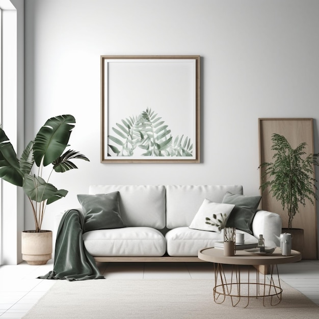 A living room with a couch and a plant on the wall