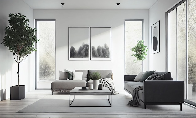 A living room with a couch and a plant on the wall.