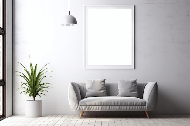 A living room with a couch and a plant on the wall.