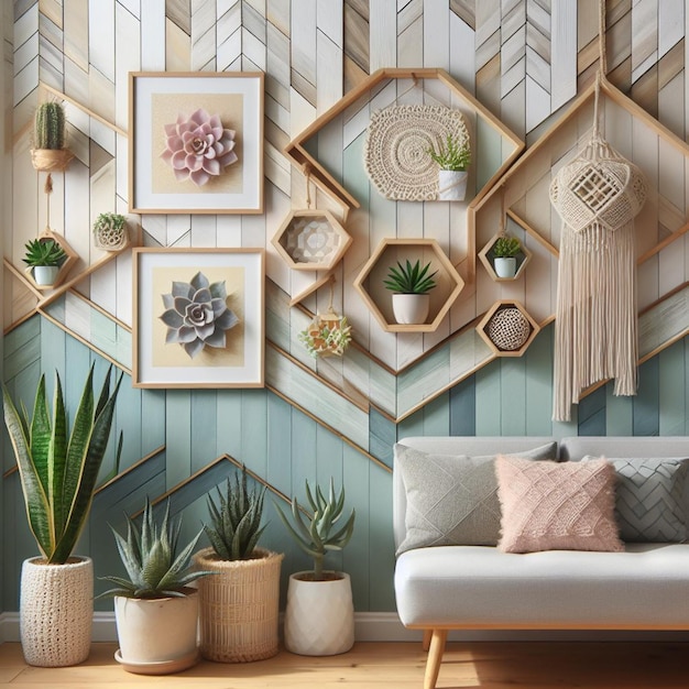 Photo a living room with a couch and a plant on the wall