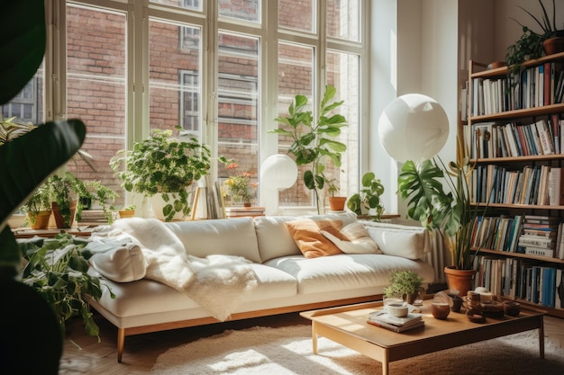 Premium AI Image | A living room with a couch and a plant on the window ...