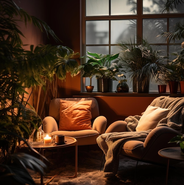 гостиная с диваном и растением в окне.