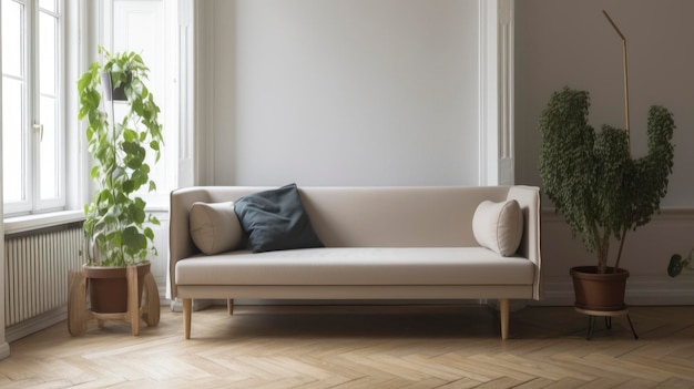 A living room with a couch and a plant