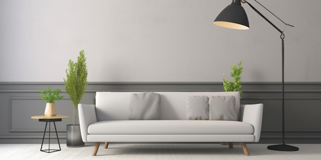 A living room with a couch and a plant