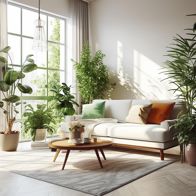 Premium AI Image a living room with a couch, potted plants, and a
