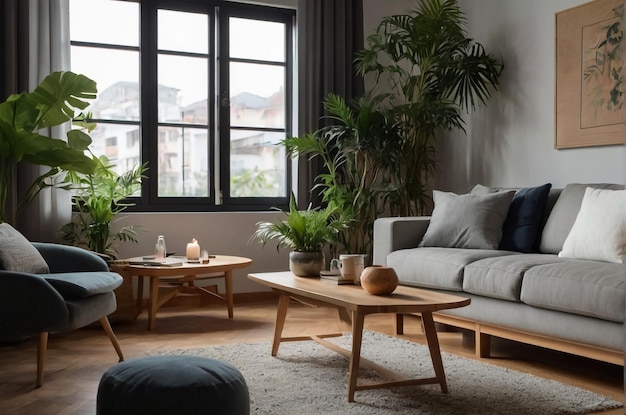 a living room with a couch potted plants and a window