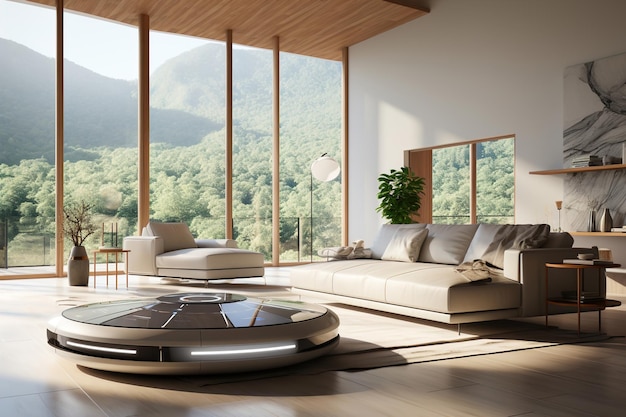 A living room with a couch and a robot vacuum cleaner