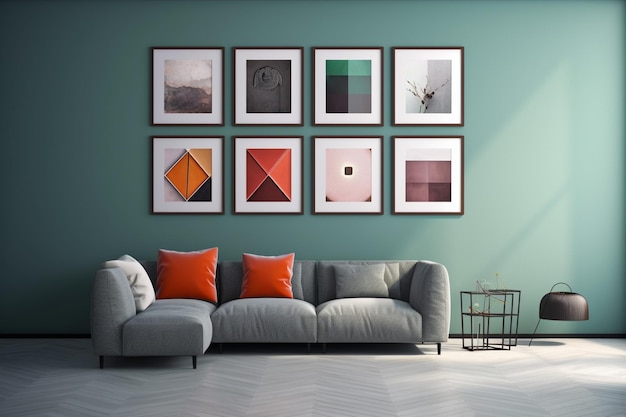 A living room with a couch and a rug with a picture of a flower on the wall.