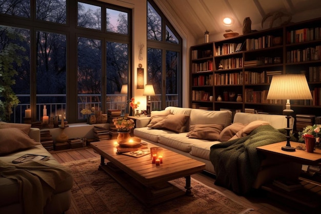 A living room with a couch, a table, and a bookcase.