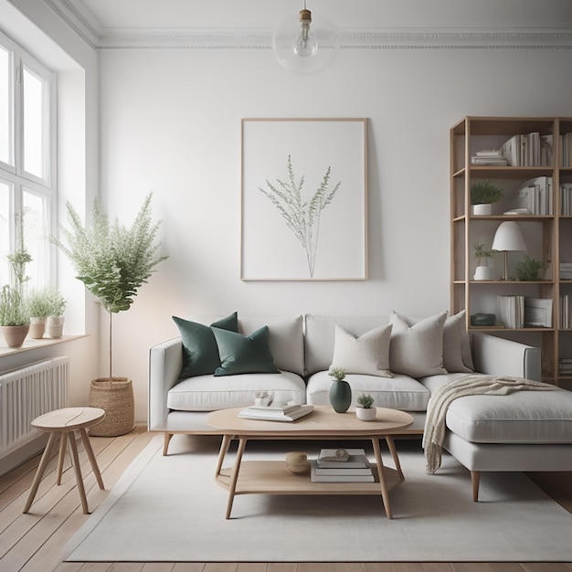 A living room with a couch, a table, a chair, and a window with a plant on it.