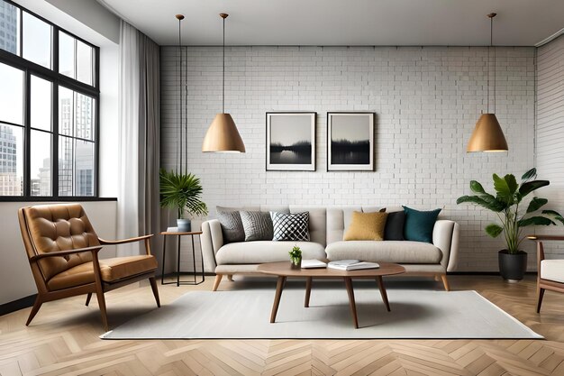 A living room with a couch, a table, and a chair with a picture on it.