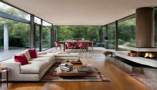 a living room with a couch table and chairs and a table