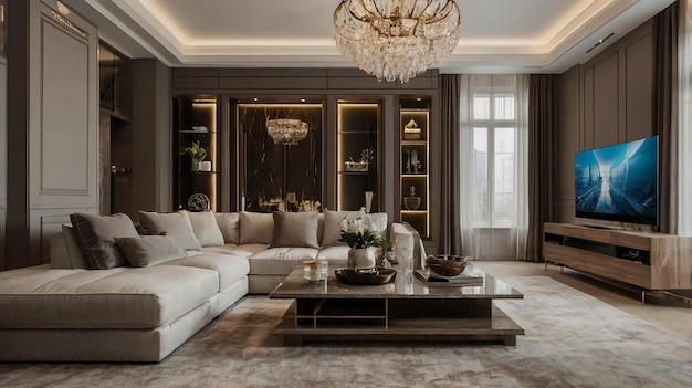 a living room with a couch a table and a chandelier