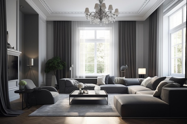 A living room with a couch, a table, and a chandelier.