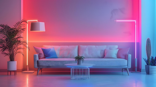 Living room with couch table lamp and neon lights