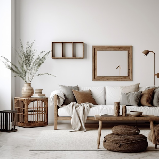 A living room with a couch, table, lamp, and plant on the wall.