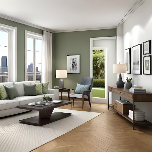 A living room with a couch, table, and lamp on the wall.