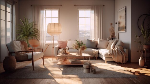 A living room with a couch, a table, and a lamp.