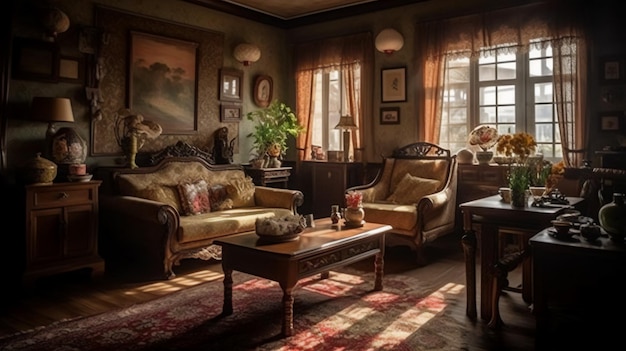 A living room with a couch, a table, and a lamp.