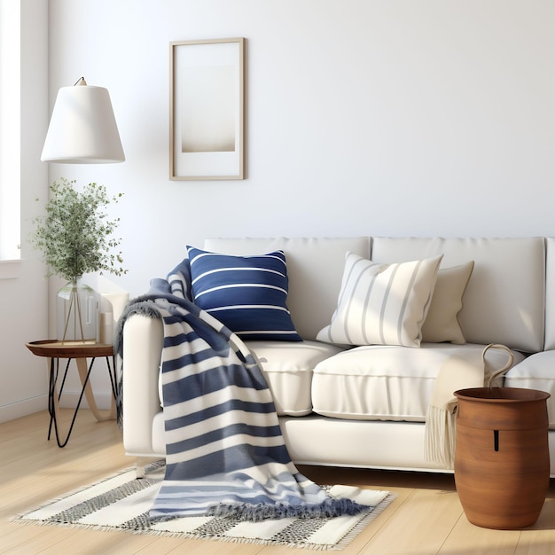 a living room with a couch a table and a lamp