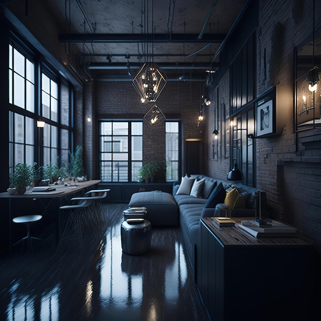 A living room with a couch, a table, and a lamp.