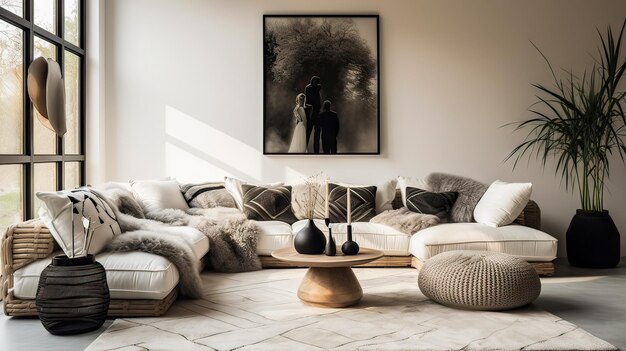 a living room with a couch a table and a painting on the wall