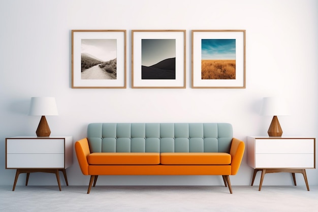 A living room with a couch, a table, and pictures on the wall.