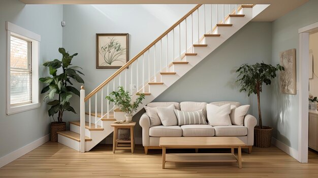 a living room with a couch and a table and a plant on the floor.