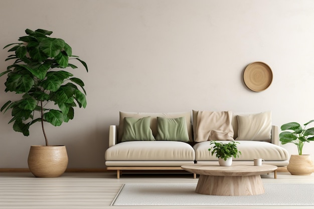 Гостиная с диваном, столом и растением на стене